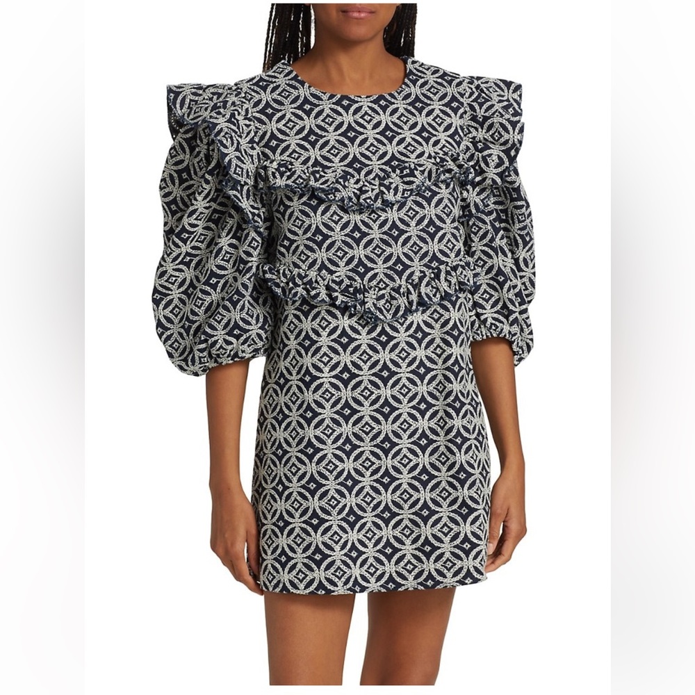 EN SAISON Ruffle Puff Sleeve Mini Dress in Navy Blue Eyelet Size M